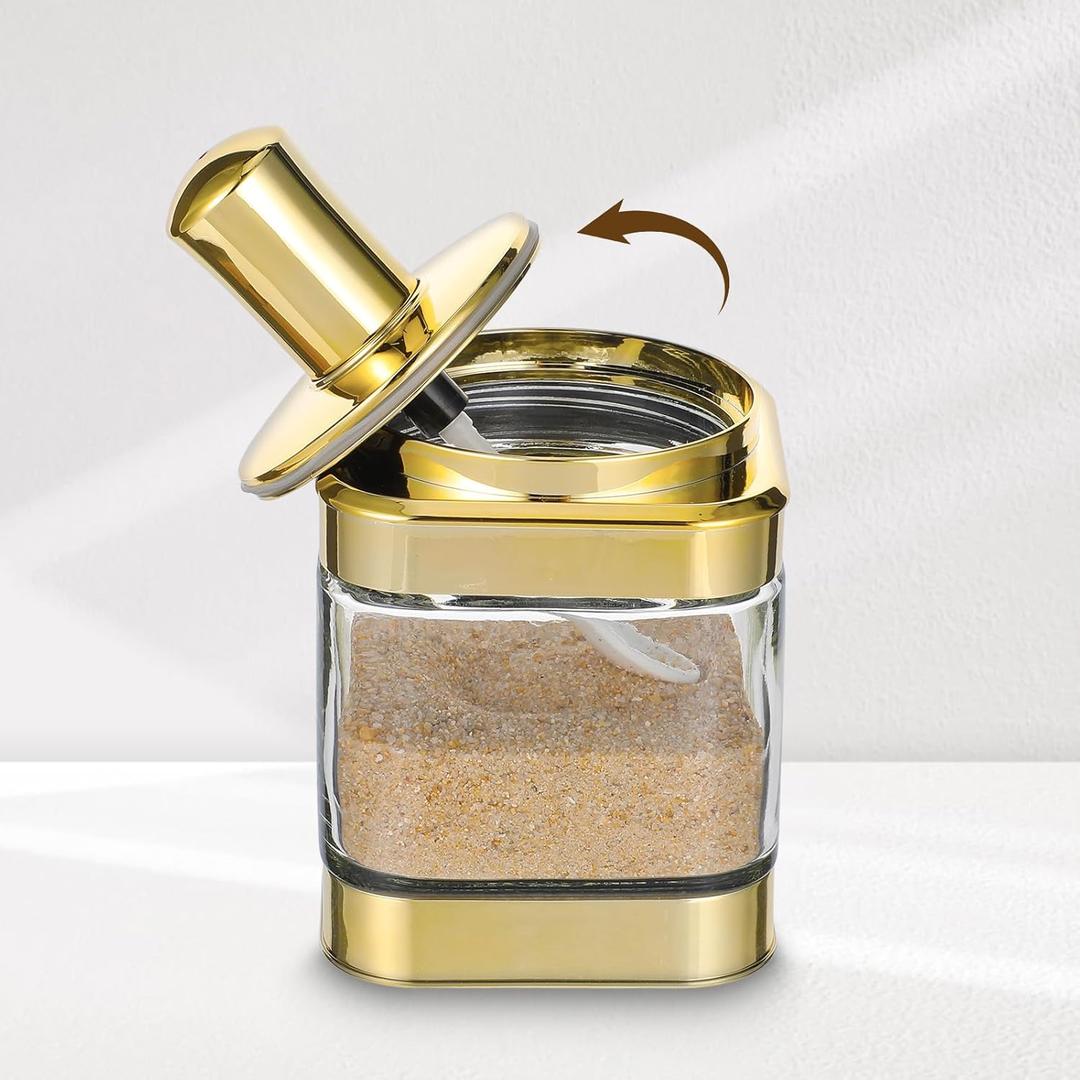  Glass Condiment Containers Gold Spice Jars with Lids and Spoons Seasoning Pot Set Salt Box Sugar Dispenser for Kitchen Dining Room Counter Flour Sugar