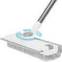 Floor Scrub Brush with Long Handle: 3 in 1 Heavy-Duty Floor Scrubber Brush with Squeegee for Cleaning Tile Bathroom Deck Kitchen Patio - White