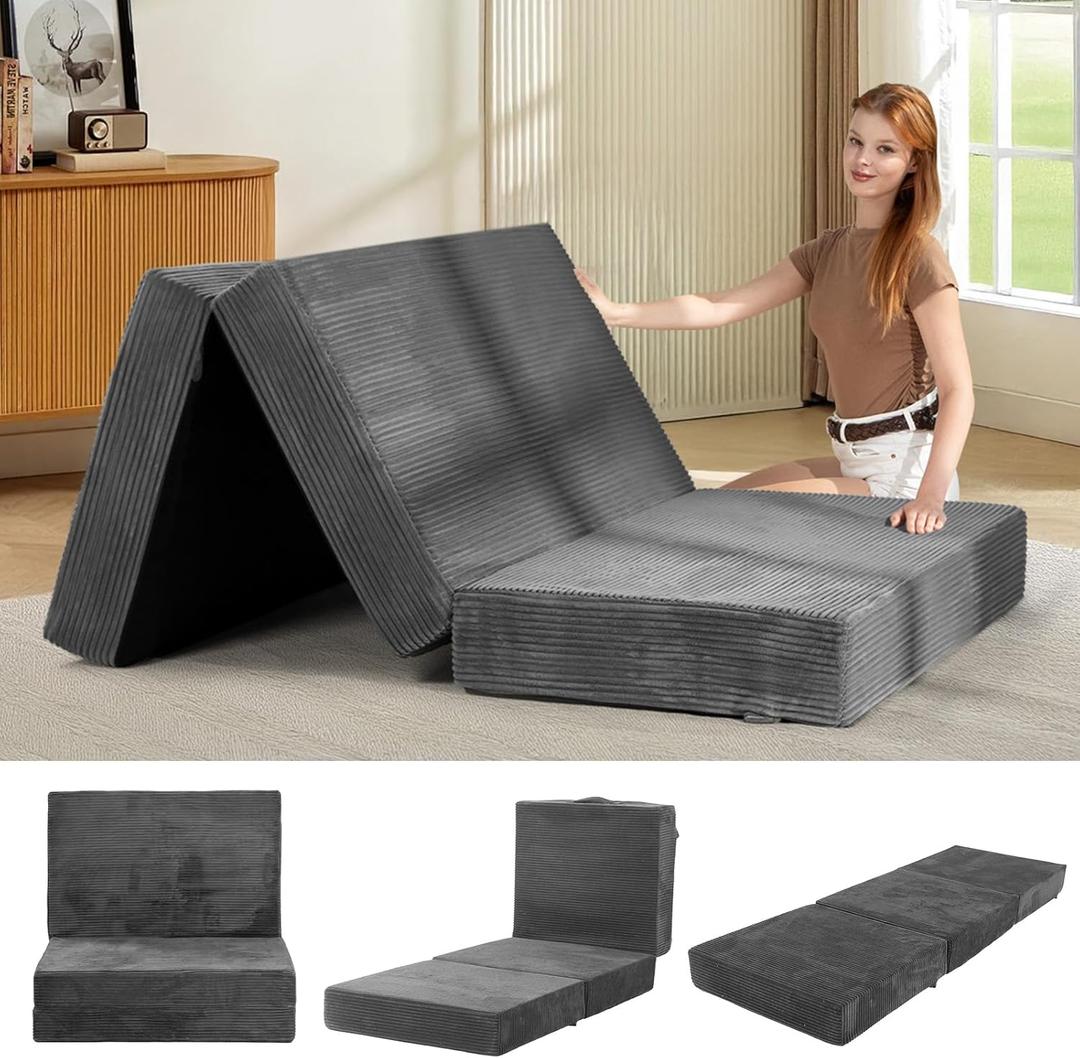 6-Inch Tri-Fold Mattress Twin Size - Foldable Futon Sofa Bed with Removable Washable Cover, Folding Memory Foam Futon Mattress | Non-Slip Bottom & Carry Handles for Guest, Camping, Dorm (Grey)