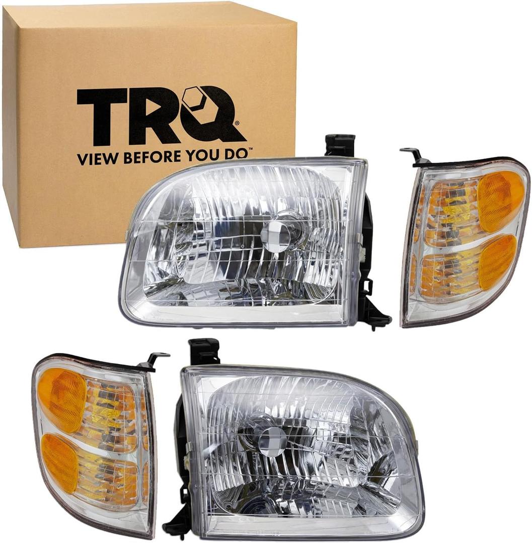TRQ Driver and Passenger Side Headlight & Corner/Parking Light 4 Piece Kit Set Compatible with 2001-2004 Toyota Sequoia, 2004 Toyota Tundra Crew Cab