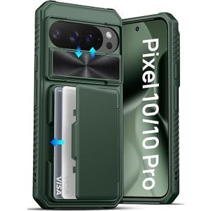 Google Pixel 10/Pixel 10 Pro Case Wallet, Built-in Card Holder (3-5 Cards) & Sliding Camera Cover, Military Grade Protection, Phone Case for Pixel 10/10 Pro 6.3" 2025, Green