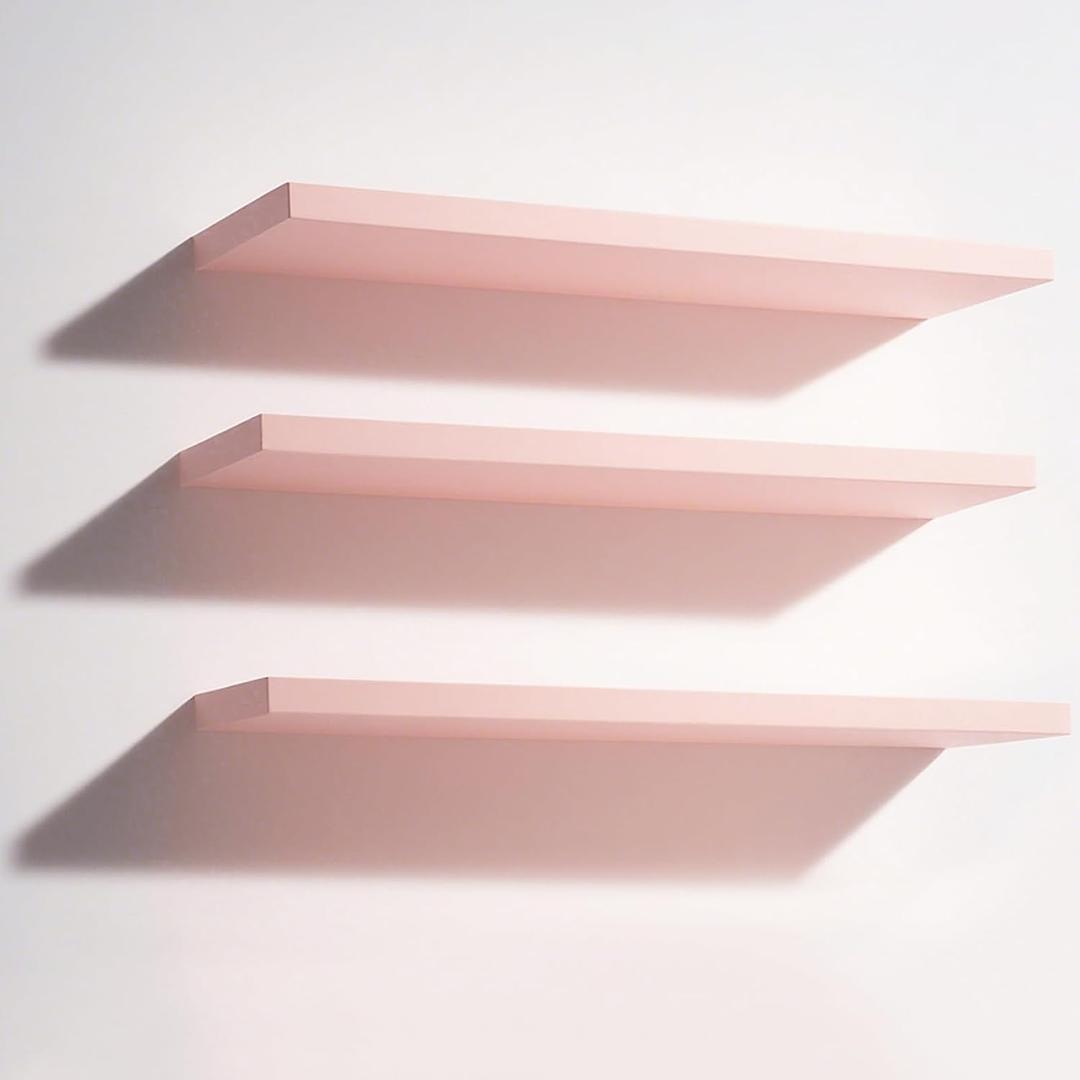Youyole 3 Pack Pink Floating Shelves for Wall 16 Inch Solid Wood Wall Book Shelf for Bathroom Living Room Bedroom Hanging Display Decor, Princess Aesthetic Room Decor (Pink)