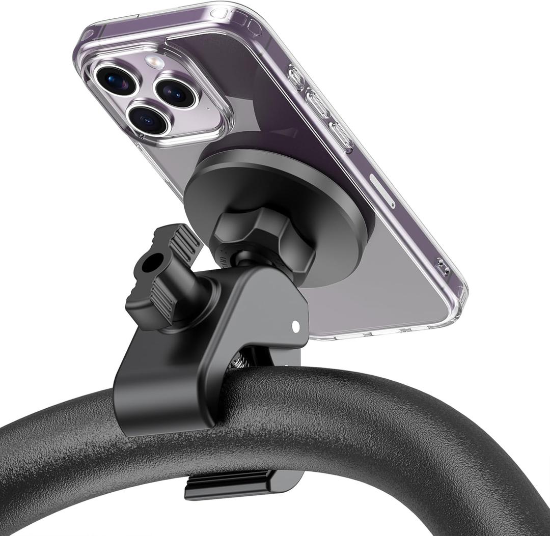 TeQable Magnetic Phone Holder Clamp Mount – 20 x N52 Strong Magnet Mount for Gym, Spin Bike, Treadmill, Stroller, Handlebar, Shopping Cart, Golf Cart – Compatible with Mag-Safe iPhone 12-16 Series