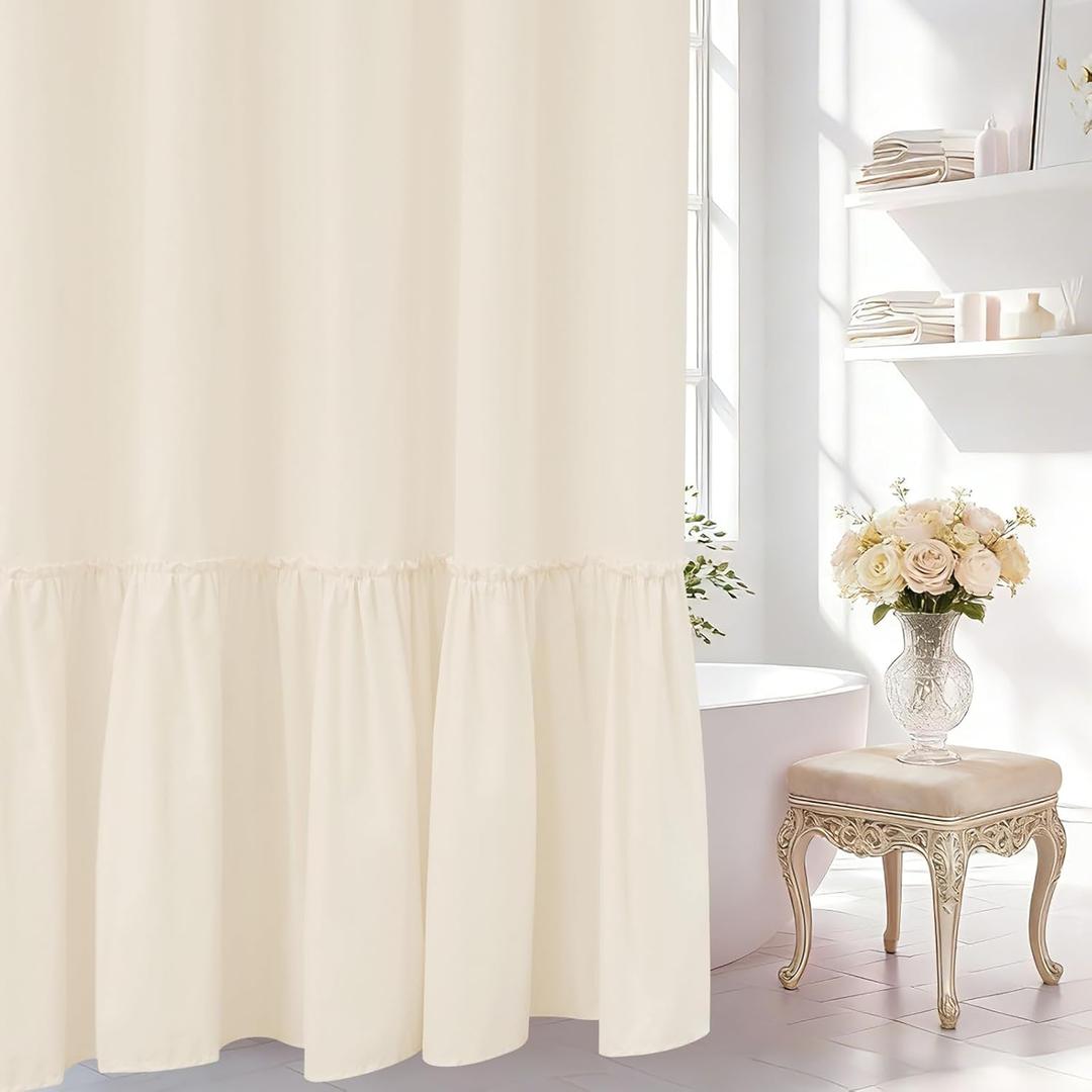 Seenus Soft Microfiber Ruffle Shower Curtain with Waterproof TPU Backed, Cream French Country Ruched Shower Curtain, 72 x 72 Inch 2 in 1 Hotel Luxury Ivory Bathroom Fabric Shower Curtain Washable