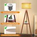 LEPOWER Tripod Floor Lamp, Mid Century Wood Standing Lamp, Modern Design Shelf Floor Lamp for Living Room, Bedroom, Office, Flaxen Linen Shade with E26 Base Brown