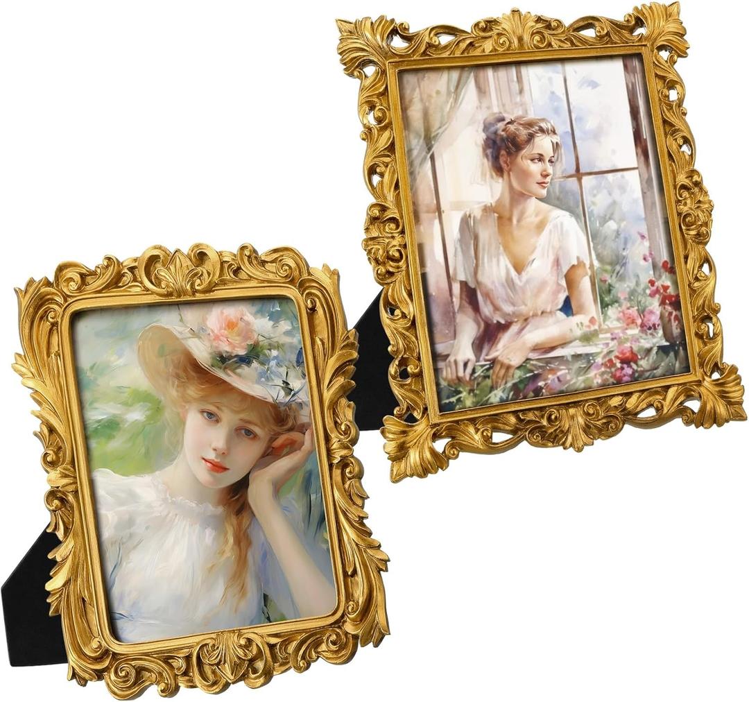 Novabright 2 Pcs 8x10 Inch Vintage Picure Frames Elegant Antique Gold Photo Frames with Glass Front Antique Ornate Picture Photo Display for Tabletop Wall Mount Ornate Retro Home Decor