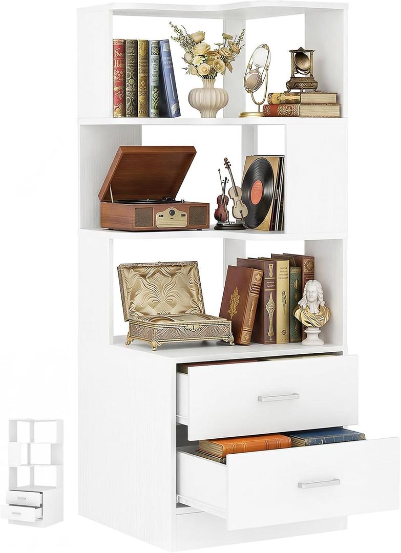 Corner Bookshelf with Drawers, Small Corner Shelf with Drawers | L Shaped Book Shelves with Drawers, 6-tier Bookcase for Bedroom Storage, Living Room, Home Office, Kitchen Pantry, White