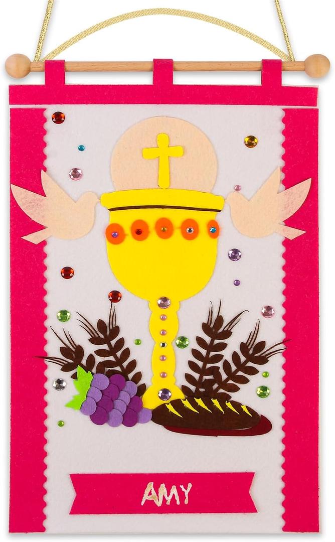 First Communion Banner Kit Girls 9 x 14 Inch First Holy Communion Banner kits Sunday School DIY Arts and Crafts kit for kids First Communion Gifts for Girls or Boys (Pink)