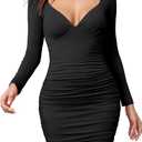Mizoci Women's Sexy Long Sleeve V Neck Ruched Bodycon Party Club Mini Dresses (Large, Black)