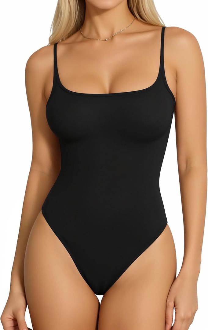 Womens Camisole Thong Bodysuit Square Neck Cami Tank Top Body Suit Adjustable Spaghetti Strap Sexy Summer Tops 2026 (Medium, 01black)