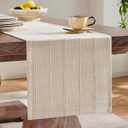 ZeeMart Linen Checked Table Runner, 13x72 Inches Beige, Textured Woven Farmhouse Table Runners 72 Inches Long, Neutral Plaid Dresser Scarf for Kitchen Dining Holiday Everyday Decor