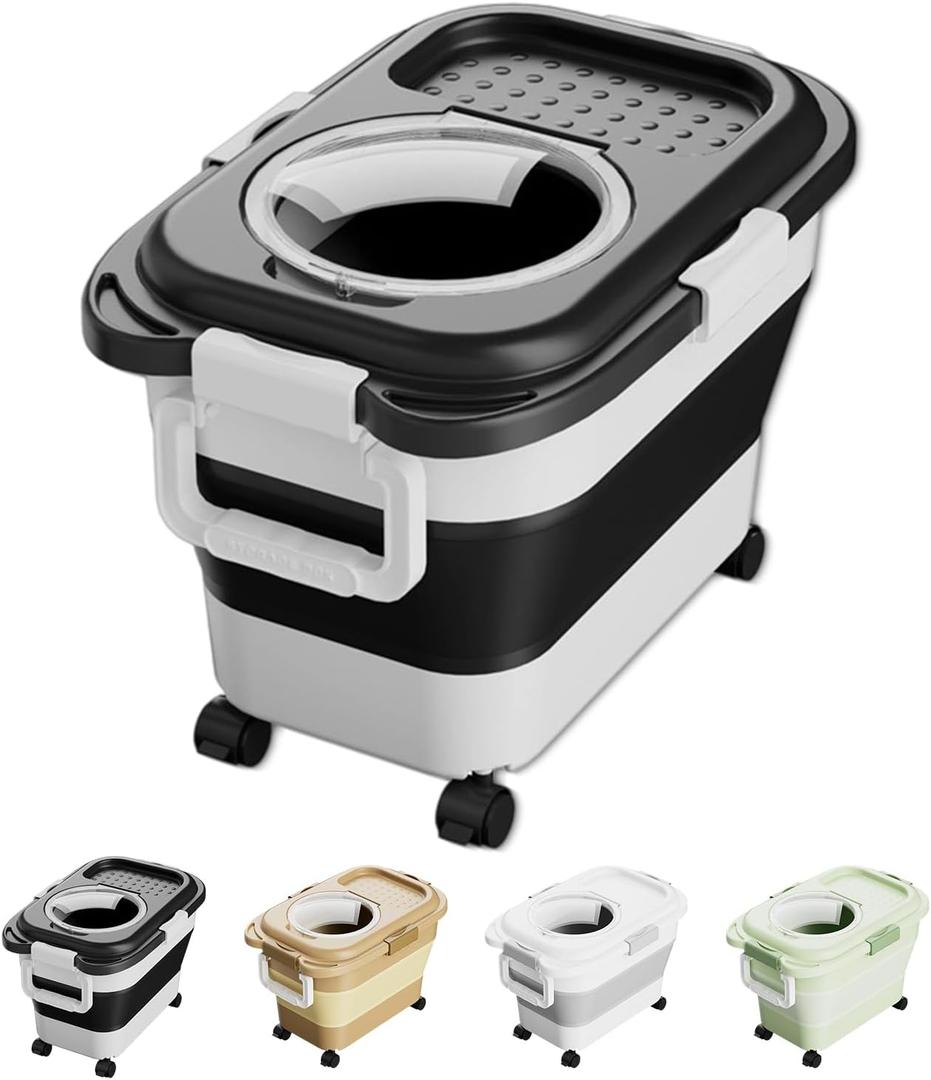 Pet Food Storage Container, Collapsible 10 To 30lbs Food Storage Bin, Dispenser With Rolling Wheel and Clear Airtight Lid, Sugar, Cereal and Dog Cat Pet Containers (black)