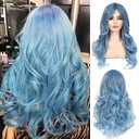 Blue Wig for Women Long Curly Wavy Pastel Blue Wig Side Part Synthetic Halloween Cosplay Wig with Wig Cap