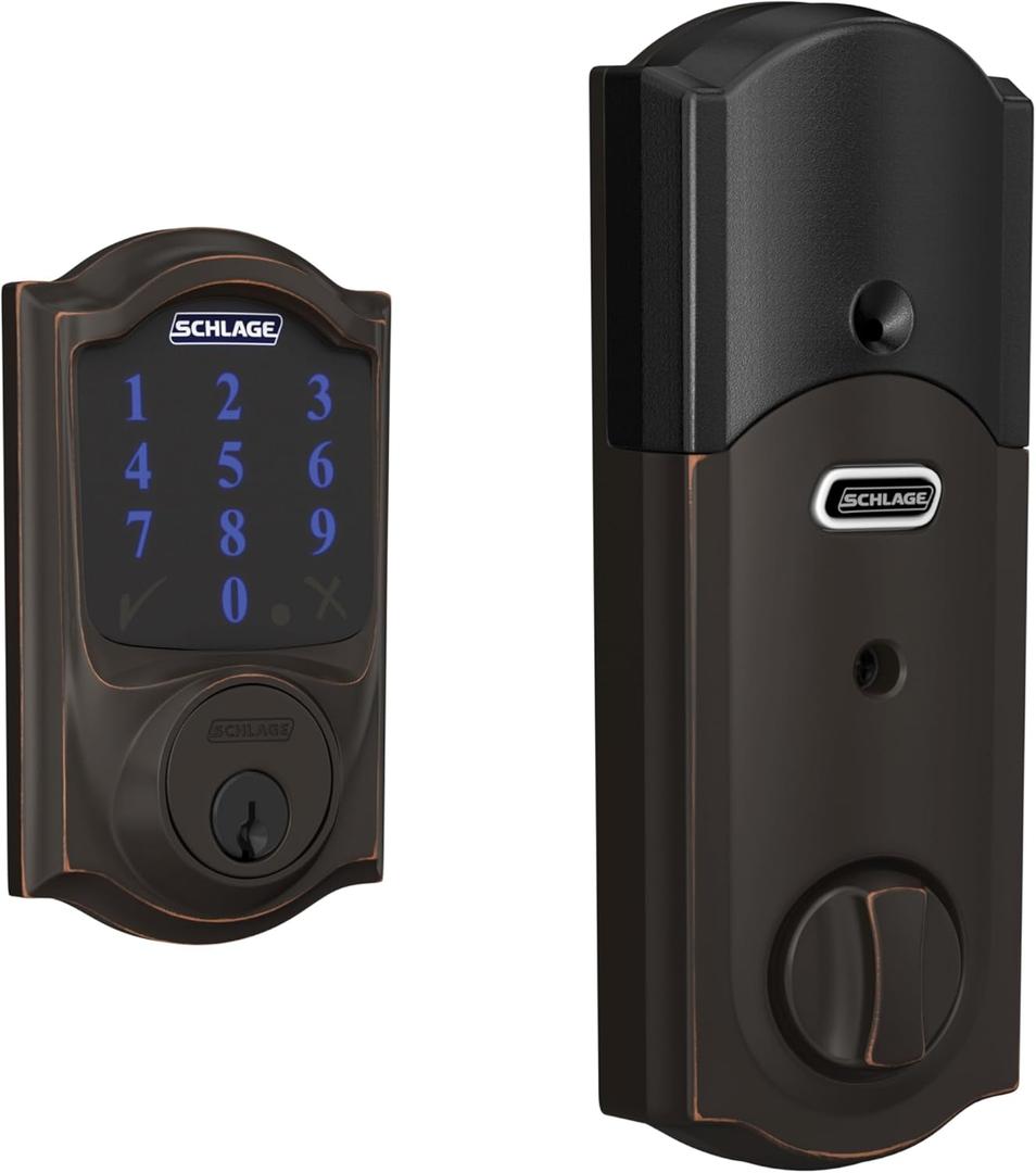 SCHLAGE BE469ZP CAM 716 SCHLAGE Connect Smart Deadbolt With Alarm Inbuilt Camelot Trim In Aged Bronze.
