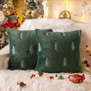 AQOTHES Christmas Tree White Throw Pillow Covers 18x18, Soft Faux Fur Embroidered Throw Pillows for Couch Sofa Cushion Covers Holiday Home Decor