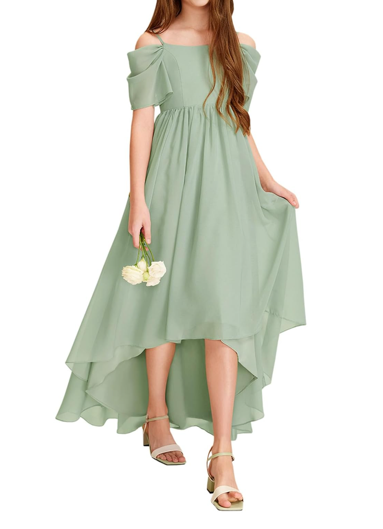 Girls Cold Shoulder Dress A-line Asymmetrical Chiffon Junior Bridesmaid Birthday Party Dress, 160