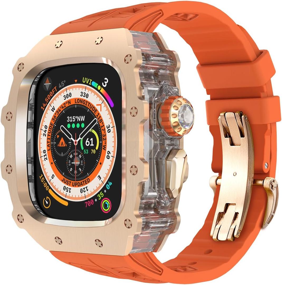 316L Stainless Steel Case for Apple Watch Ultra 3/2 /1 49mm Fluoroelastomer Band, Mens Luxury Bumper Cover iWatch Ultra 49MM Shock-Resistant Case Replacement FKM Strap (49mm, Rose gold)