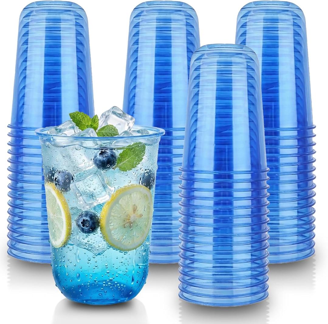 50pcs 500ml/16oz Disposable Stemless Glasses,PET Disposable Drinking Cups,Cold Party Clear Plastic Wine Glasses for Parties Birthday,Wedding,Meeting,Christmas Party Supplies. (Blue)