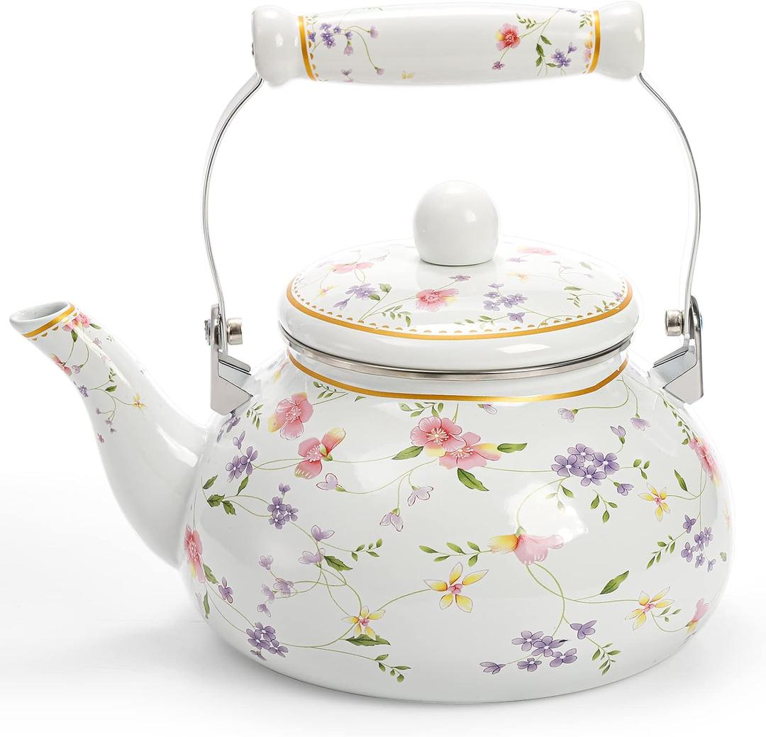Jucoan Vintage Enamel Tea Kettle, 2.6 Quart Floral Enamel Water Kettle Teapot with Porcelain Handle for Stovetop Home Kitchen Camping, Housewarming Wedding Bridal Shower Thanksgiving Christmas Gift