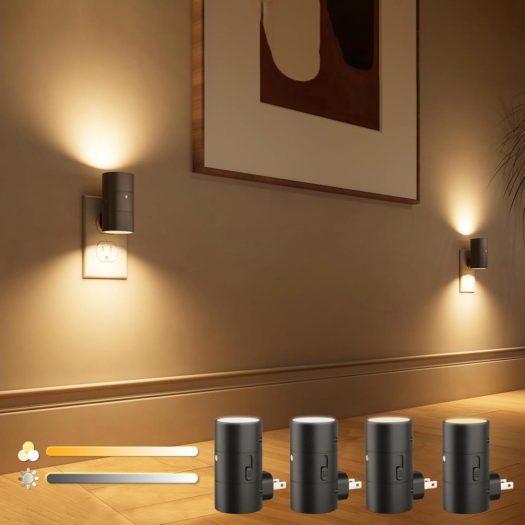 VOLISUN Night Lights Plug into Wall, Dimmable LED Nightlight with Dusk to Dawn Light Sensor, 0-100LM Adjustable Brightness, 3 Color Temperatures, Compact Size Black 4 Pack for Hallway,Bedroom,Bathroom