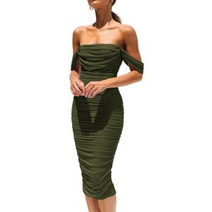 PRETTYGARDEN Summer Off The Shoulder Ruched Bodycon Dresses Sleeveless Sexy Party Club Midi Dress (Medium, Army Green)