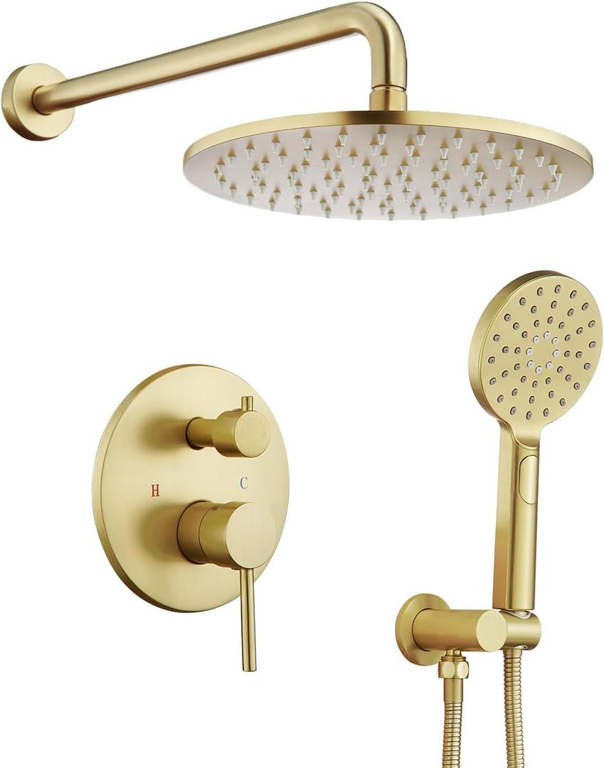 Tohlar Gold Shower Faucet System, High Pressure 10 Inches Rain Shower Head and 3-Setting handheld Spray Combo, Wall Mounted Shower Head and Handle Set, Valve Body and Trim Included