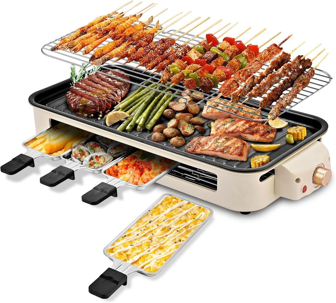 Pukomc Electric Indoor Grill,2 in 1 Indoor Grills for Kitchen with Grill Net & Non-Stick Cooking Removable Plate, Temperature Control, Dishwasher Safe, 1800W Large Smokeless Griddle (Beige)