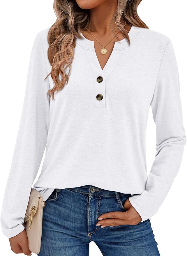 Women's Long Sleeve Shirts 2026 Spring Fashion Dressy Casual Tops Trendy Henley Blouses Cute Work Outfits Clothes Size S