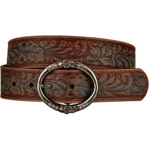 BC Belts Distressed and Embossed Brown Teal Leather Belt with Rhinestone Ring Buckle - Vintage Western Style for Women