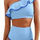 Herseas Women's One Shoulder Bikini Sets Color Block Trim Ruffle Hem Swimsuits Elegant Bathing Suits (Blue, S)