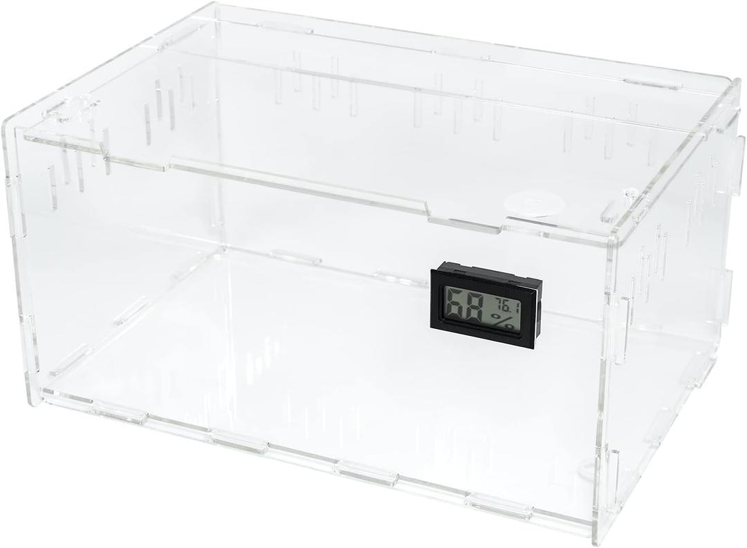 BETAZOOER Reptile Terrarium Breeding Tank Acrylic Reptile Feeding Box with Temperature Hygrometer (15.3"x9.7"x7.6") (Large)