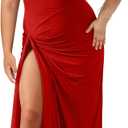 GOKATOSAU Women's Asymmetry Neck High Side Split Bodycon Ruched Plus Size Long Maxi Dress (Red)