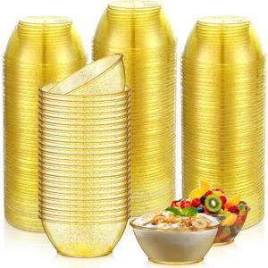 Yungyan 200 Pack Disposable Clear Plastic Bowls for Party Supplies 6oz Hard Plastic Salsa Dessert Ice Cream Candy Fruit Small Glitter Bowl for Wedding Baby Shower Birthday Valentine Day(Gold)