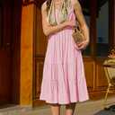 AlvaQ Women Summer Dresses Sleeveless Smocked Midi Dress High Waist Casual Tiered A Line Sundress with Pockets (Pink, XL)