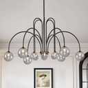 Modern Black Chandelier 12 Lights Sputnik Chandelier Large L52 Mid Century Ceiling Pendant Light Fixtures with Smoke Glass Globe Shades for High Ceiling Living Dining Room Foyer Staircase