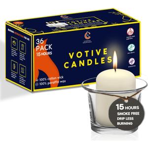 Candle Charisma Ivory Unscented Votive Candles - 15 Hour Burn time - Set of 36 for Dinner, Wedding, Halloween and Holiday Decorations