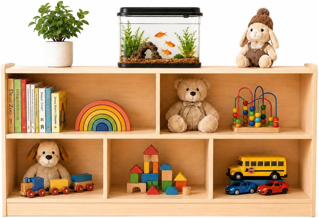 bbgroundgrm Kids Bookshelf and Toy Storage Organizer, Pine Wood Shelf with 5 Open Cubbies, Montessori Bookshelf and Storage Shelves for Children's Room, Nursery, Playroom, Classroom, Natural Wood, 44.6 x 11.7 x 23.6 inches