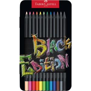 Faber-Castell Black Edition Colored Pencils Tin: 12 Count, Black Wood and Super Soft Core Lead, Colored Pencils for Adult Coloring Books, Professional for Beginners