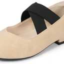 PANDANINJIA Girls Dress Shoes Ballet Flats Mary Jane Elastic Cross Strap Little Big Kid Low Heels Flower Girl Shoes (10 Toddler, Nude Nubuck)
