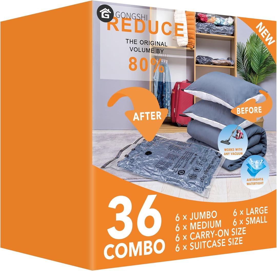 GONGSHI Vacuum Storage Bags, Space Saver Seal Bags For Clothing, Travel Luggage,Blankets, Comforters, Pillows, Clothes Storage,36 Combo