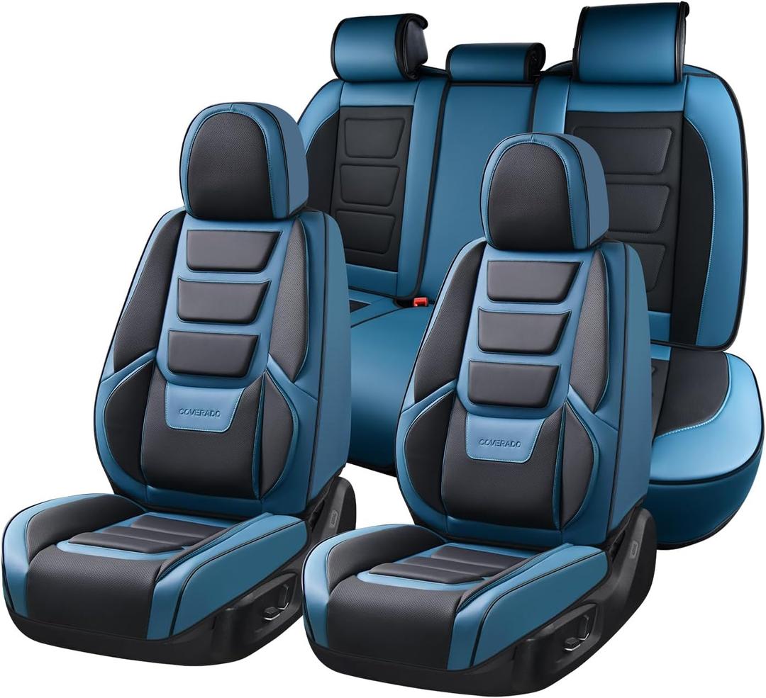 Coverado Car Seat Covers Full Set, Seat Covers for Cars, Front Seat Covers and Back Seat Cover Waterproof Leather Automotive Seat Cover, Universal Car Interior Protectors Cushion for Most Cars Blue