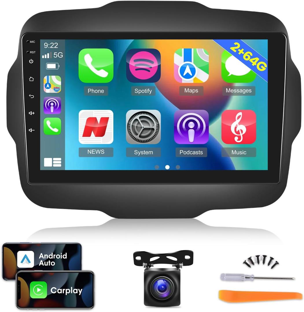 [2G+64G] Car Radio for Jeep Renegade 2015 2016 2017 2018 2019 2020, Android 13 Touch Screen Renegade Stereo, Carplay/Android Auto/EQ Audio/Bluetooth/WiFi + AHD Backup Camera