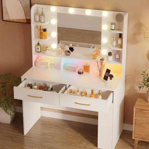 COMHOMA LUCKRACER Vanity Desk with LED Lights Mirror & Charging Station, White Makeup Vanity with Storage Drawers and Shelves, Modern Dressing Table for Women Girls Bedroom, White