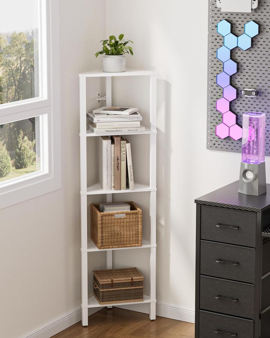 Corner Shelf, 5-Tier Corner Bookshelf, Narrow Display Shelf with Storage Rack,Wood Corner Book Shelf for Living Room, Bedroom, Office, White