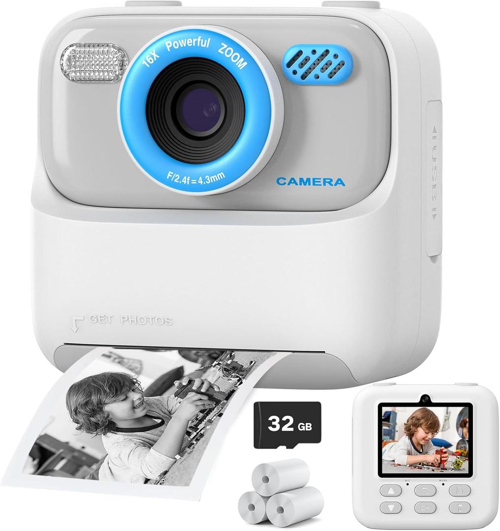 Upgrade Kids Camera Instant Print for Boys and Girls, 1080P HD Dual-Lens Selfie Digital Camera with Print Paper & 32G Card, Christmas Birthday Gifts Toys for Toddler and Teenagers Age 3-16 Years Old (White)