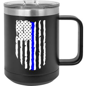 Rogue River Tactical Thin Blue Line Flag Police Officer Heavy Duty Stainless Steel 15oz Black Coffee Mug Tumbler With Lid Novelty Cup Gag Gift Police