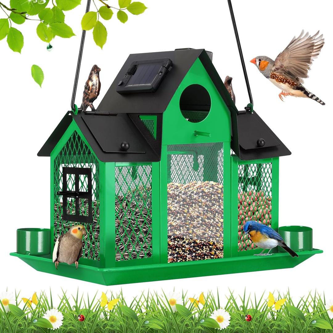 Solar Bird Feeders House for Outside Hanging, Metal Wild Bird Feeder for Outdoors, Large Cardinal Bird Feeder Birdhouses Green Solar Bird Feeders House for Outside Hanging, Metal Wild Bird Feeder for Outdoors, Large Cardinal Bird Feeder Birdhouses Green