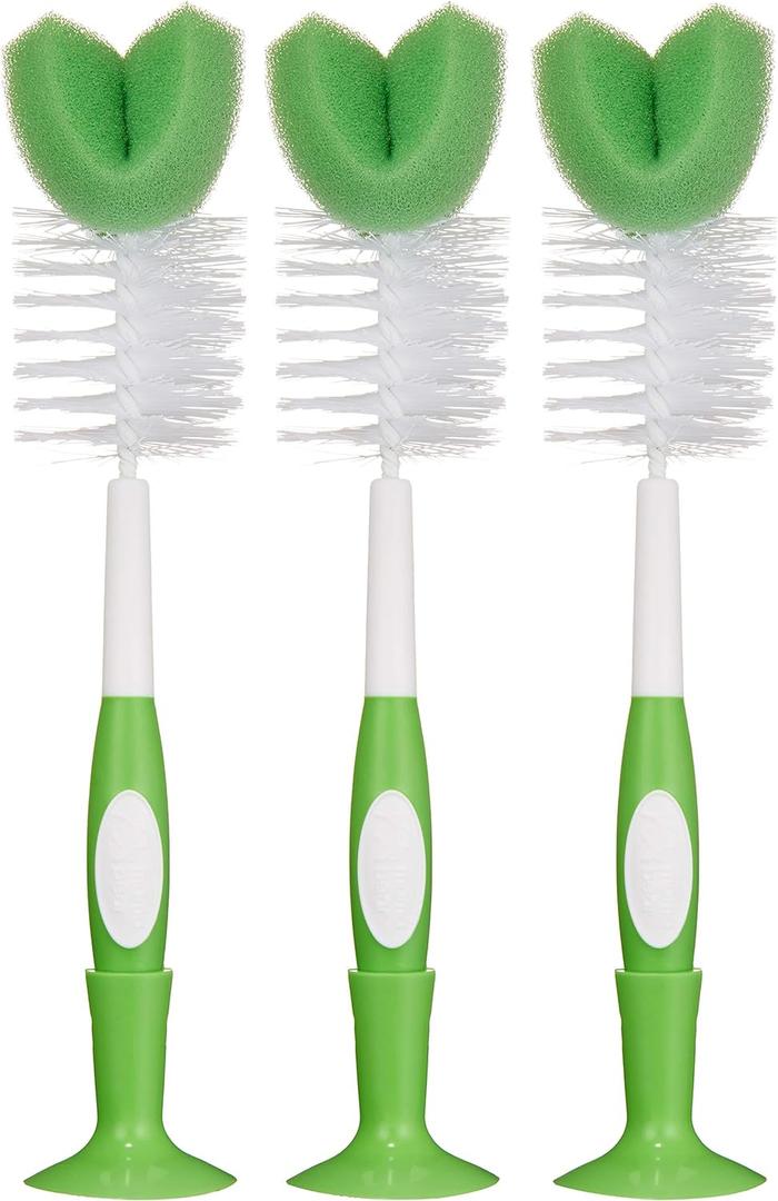Amazon Brand - Mama Bear Baby Bottle Brush with Nipple Cleaner and Suction Cup Stand, White (Pack of 3)