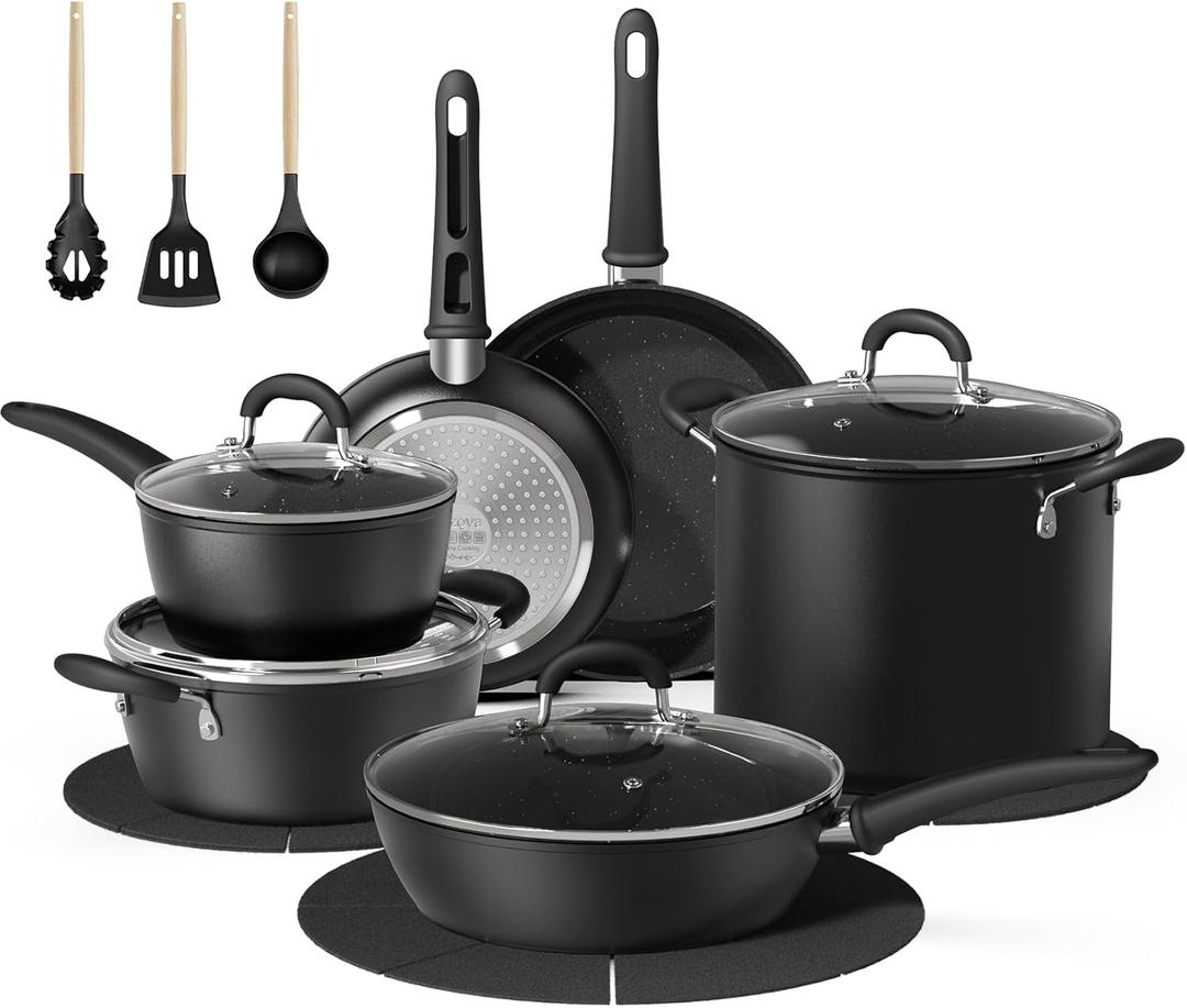 Bazova 18 Pcs Pots and Pans Set Non Stick with 12-Quart Stock Pot, Nonstick Kitchen Cookware Sets with Utensils, Large Capacity Ceramic Cookware Set, PTFE/PFAS/PFOA Free, Black