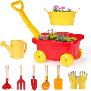 Kids Gardening Tools Set 9 pcs Wheelbarrow Set for Toddler with DIY Flowerpot,Watering Can,Shovel,Rake,Beach,Garden,Outdoor Backyard Farm Digging Play Set Toys,3-8 Year Old Boy Girl Gift, child-size